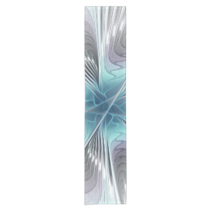 Elegance Modern Blue Gray White Fractal Art Flower Short Table Runner