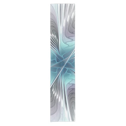 Elegance Modern Blue Gray White Fractal Art Flower Short Table Runner