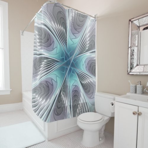 Elegance Modern Blue Gray White Fractal Art Flower Shower Curtain
