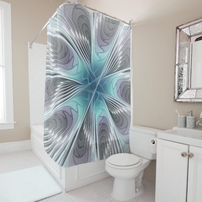 Elegance Modern Blue Gray White Fractal Art Flower Shower Curtain (In Situ)