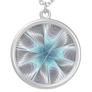 Elegance Modern Blue Gray White Fractal Art Flower Silver Plated Necklace