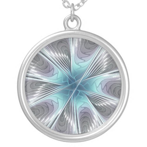 Elegance Modern Blue Gray White Fractal Art Flower Silver Plated Necklace