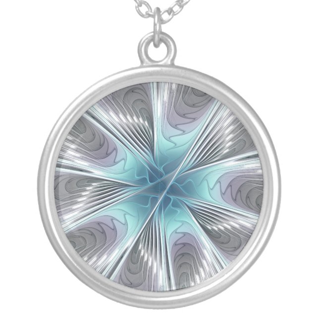 Elegance Modern Blue Gray White Fractal Art Flower Silver Plated Necklace (Front)