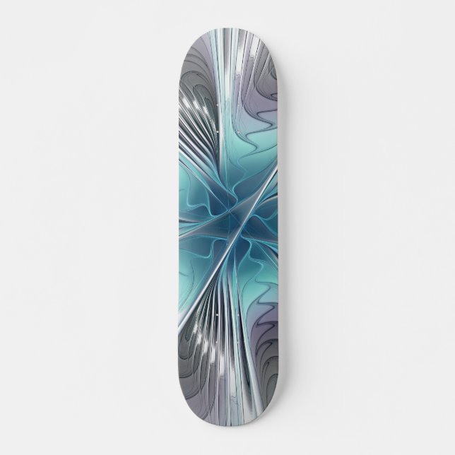 Elegance Modern Blue Gray White Fractal Art Flower Skateboard (Front)