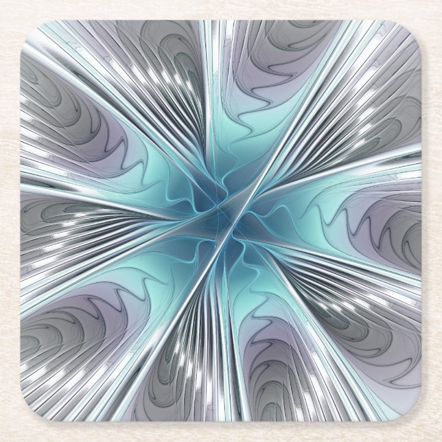 Elegance Modern Blue Gray White Fractal Art Flower Square Paper Coaster (Front)