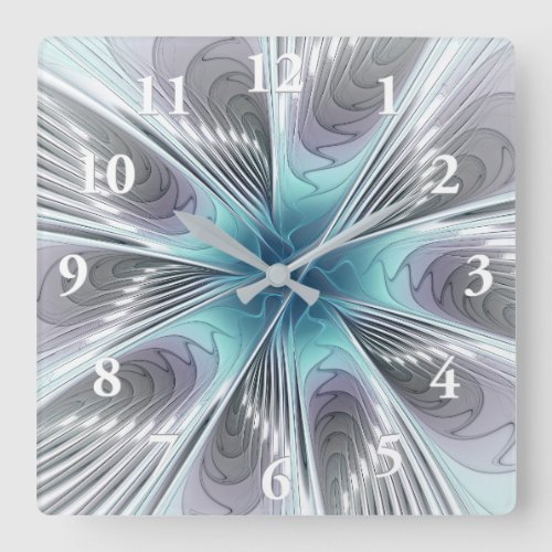 Elegance Modern Blue Gray White Fractal Art Flower Square Wall Clock