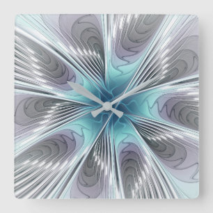 Elegance Modern Blue Gray White Fractal Art Flower Square Wall Clock