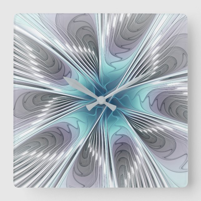 Elegance Modern Blue Gray White Fractal Art Flower Square Wall Clock (Front)