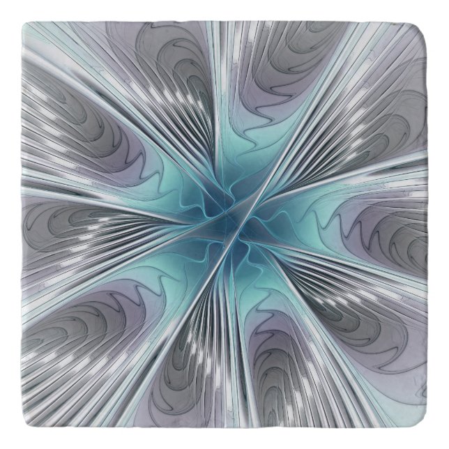 Elegance Modern Blue Gray White Fractal Art Flower Trivet (Front)