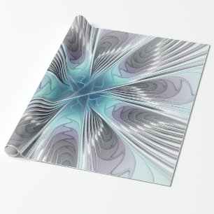 Elegance Modern Blue Gray White Fractal Art Flower Wrapping Paper