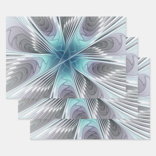 Elegance Modern Blue Gray White Fractal Art Flower Wrapping Paper Sheets (Set)