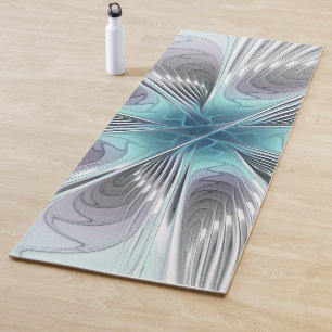 Elegance Modern Blue Gray White Fractal Art Flower Yoga Mat