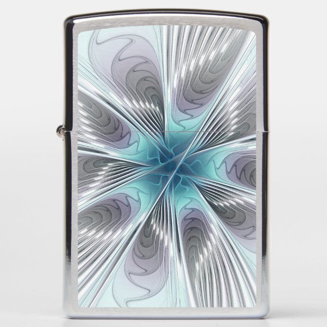 Elegance Modern Blue Gray White Fractal Art Flower Zippo Lighter (Front)