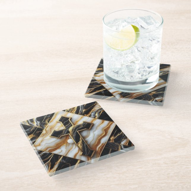 Elegance Monochrome Ceramic pattern Gilded Touches Glass Coaster (Angled)