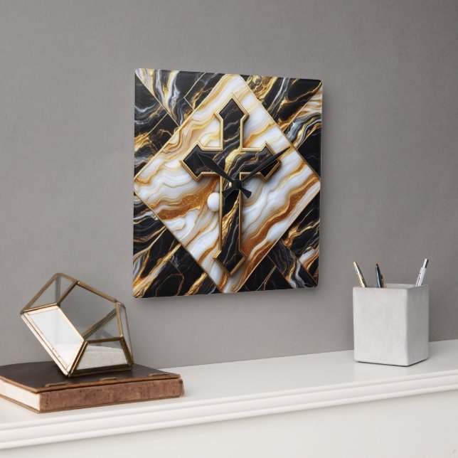 Elegance Monochrome Ceramic pattern Gilded Touches Square Wall Clock (Office)