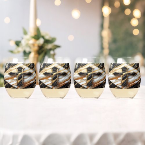 Elegance Monochrome Ceramic pattern Gilded Touches Stemless Wine Glass