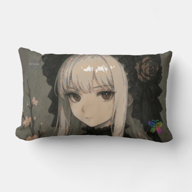 Elegance of the Midnight Blossom Maiden Lumbar Pillow (Front)