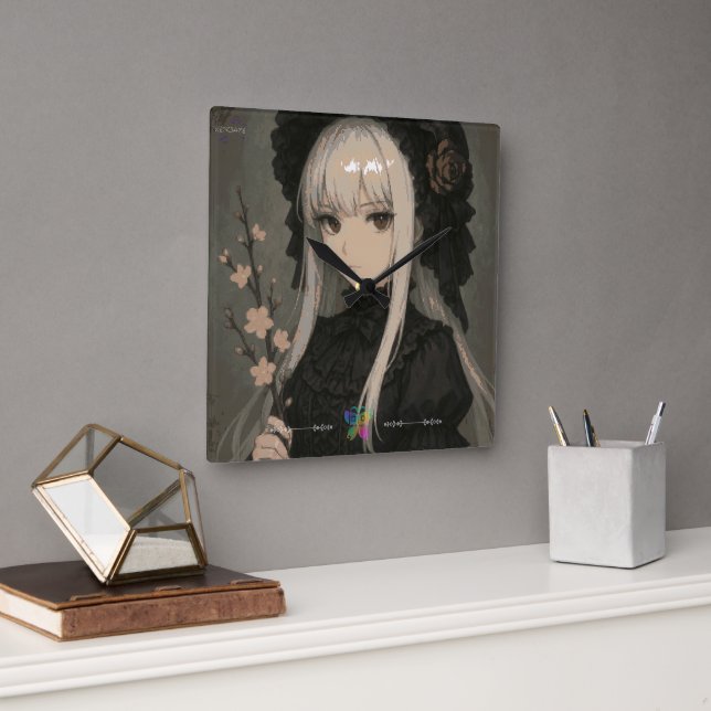 Elegance of the Midnight Blossom Maiden Premium Square Wall Clock (Office)