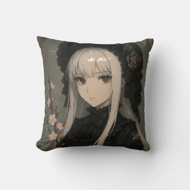 Elegance of the Midnight Blossom Maiden Throw Pillow (Front)