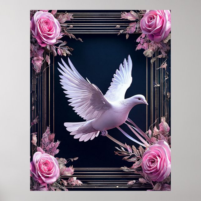 Elegance Of White Dove With Pink Roses Poster (Front)