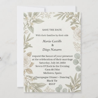 Elegance Olive Branch White Rose Save the Date Inv Invitation