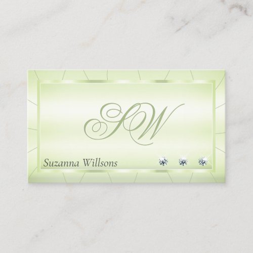 Elegance Pastel Green with Diamonds and Monogram Business Card