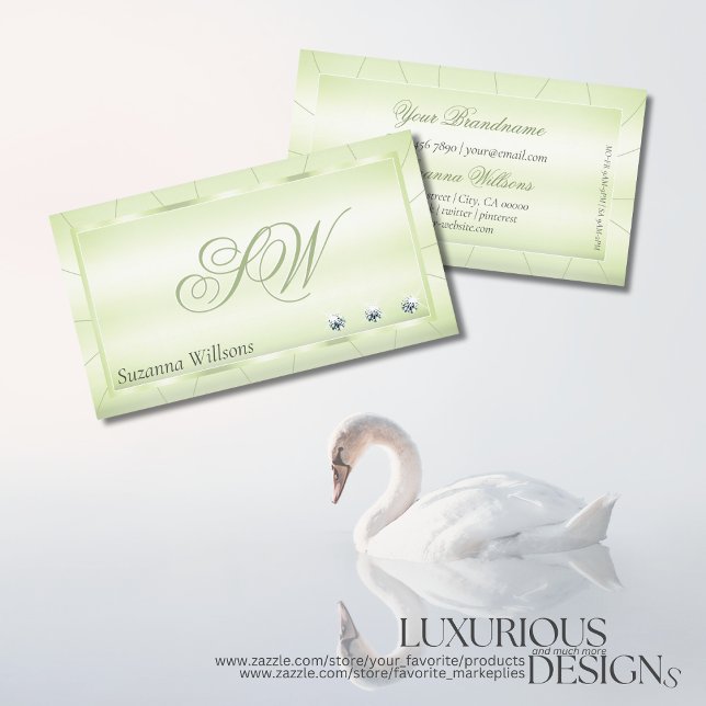 Elegance Pastel Green with Diamonds and Monogram Business Card (Creator Uploaded)