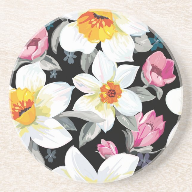 Elegance pattern with narcissus flowers sandstone coaster (Front)