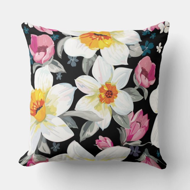 Elegance pattern with narcissus flowers throw pillow (Front)