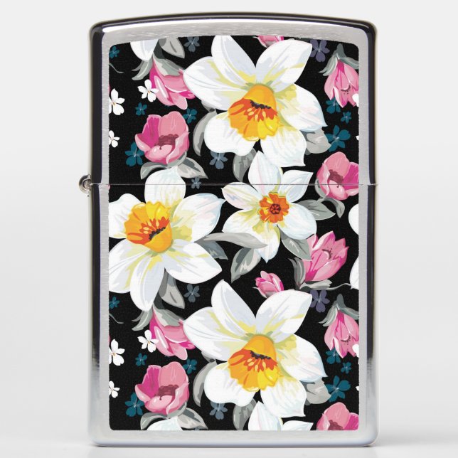 Elegance pattern with narcissus flowers zippo lighter (Front)