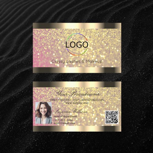 Elegance Pink Gold Glitter Logo Photo and QR Code Business Card