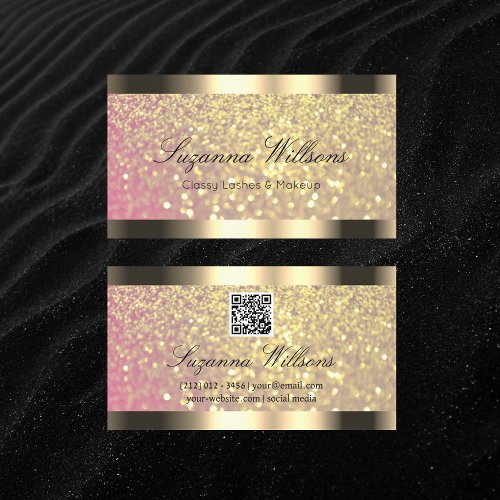 Elegance Pink Golden Glitter Gold Border QR Code Business Card