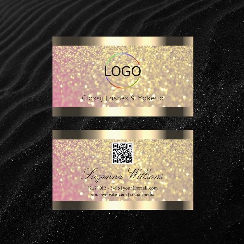 Elegance Pink Lilac Gold Glitter Logo and QR Code Business Card