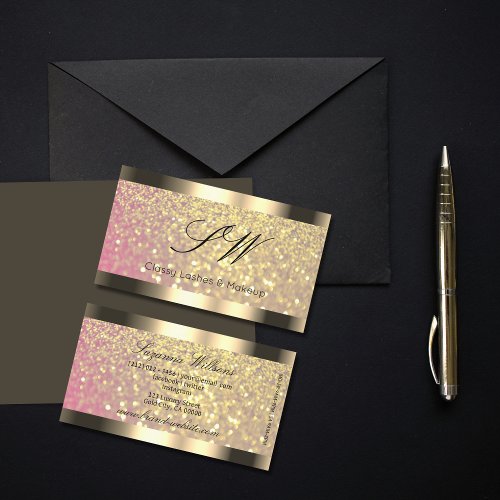 Elegance Pink Lilac Golden Glitter with Initials Business Card