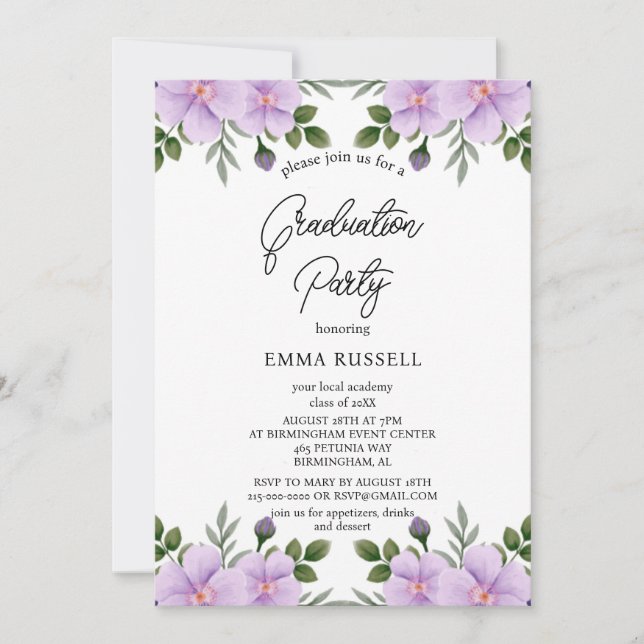 Elegance Purple Floral Graduation Party Invitation (Front)