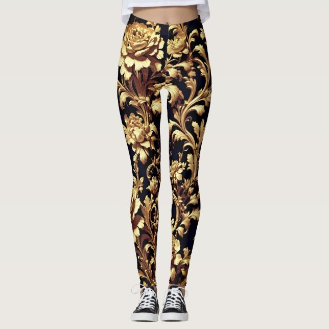 Elegance Redefined: Black and Gold Floral Flemish  Leggings (Front)