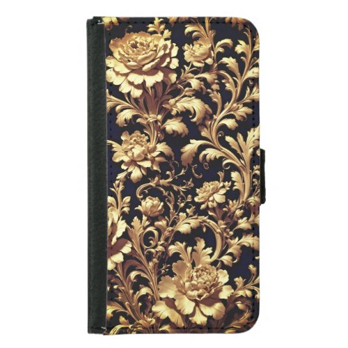 Elegance Redefined Black and Gold Flowers Flemish Samsung Galaxy S5 Wallet Case