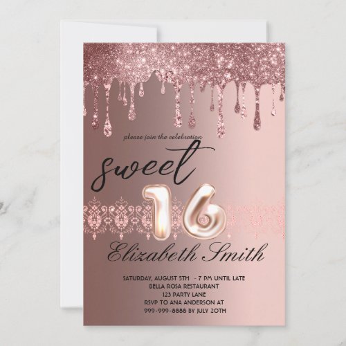  Elegance  Rose Gold Drips  Sweet Sixteen    Invitation