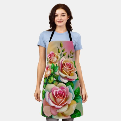 Elegance Roses Pink and Yellow Watercolor Pastel Apron