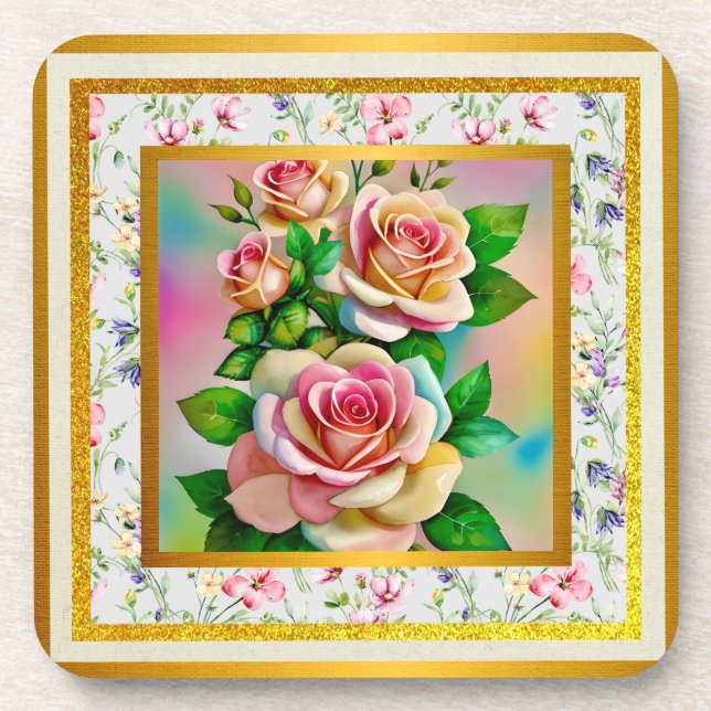 Elegance Roses Pink and Yellow Watercolor Pastel Beverage Coaster (Front)