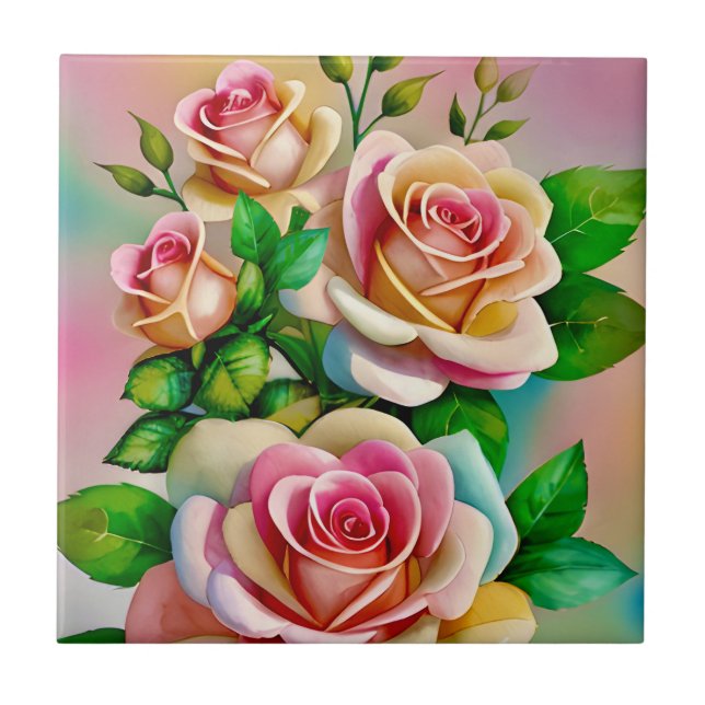 Elegance Roses Pink and Yellow Watercolor Pastel Ceramic Tile (Front)