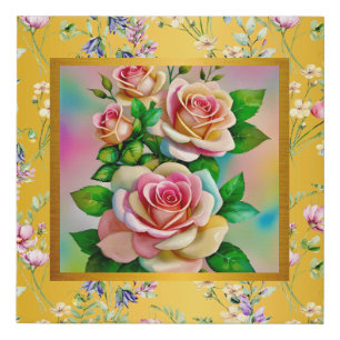 Elegance Roses Pink and Yellow Watercolor Pastel Faux Canvas Print