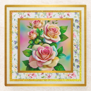 Elegance Roses Pink and Yellow Watercolor Pastel Glass Coaster