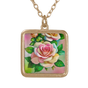 Elegance Roses Pink and Yellow Watercolor Pastel Gold Plated Necklace