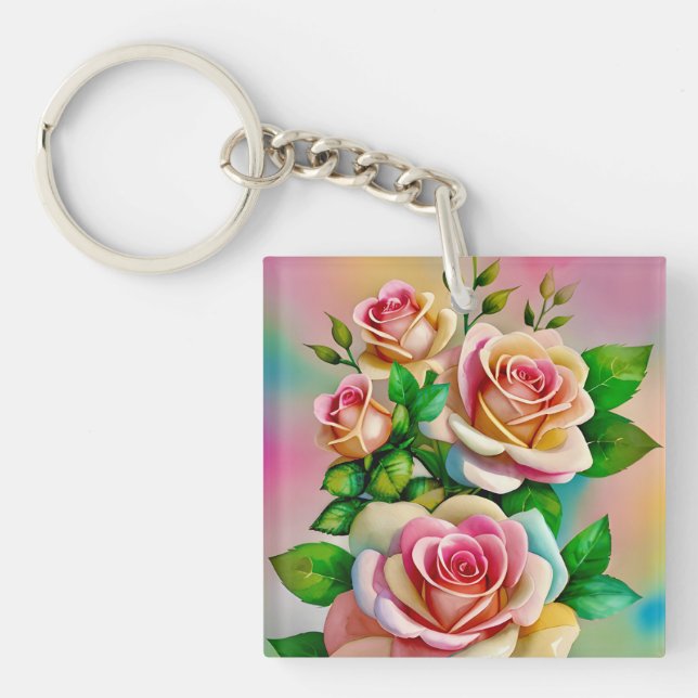 Elegance Roses Pink and Yellow Watercolor Pastel Keychain (Front)
