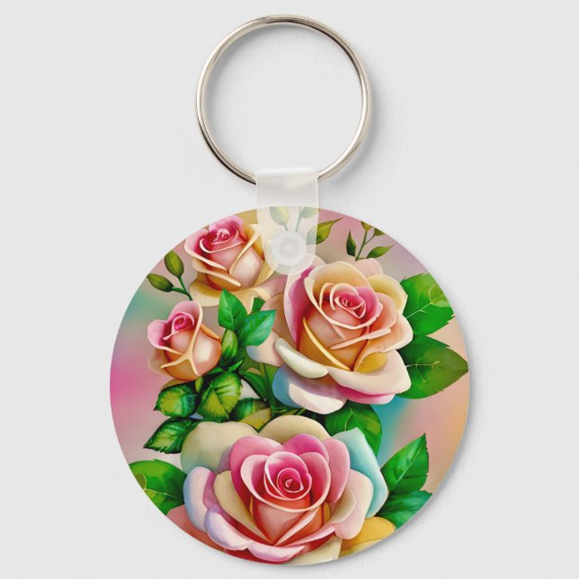 Elegance Roses Pink and Yellow Watercolor Pastel Keychain (Front)