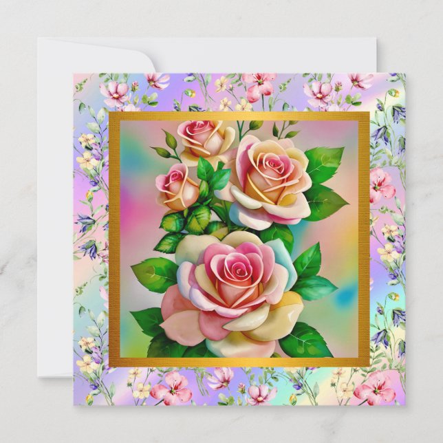 Elegance Roses Pink and Yellow Watercolor Pastel Note Card (Front)