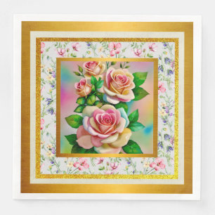 Elegance Roses Pink and Yellow Watercolor Pastel Paper Dinner Napkins