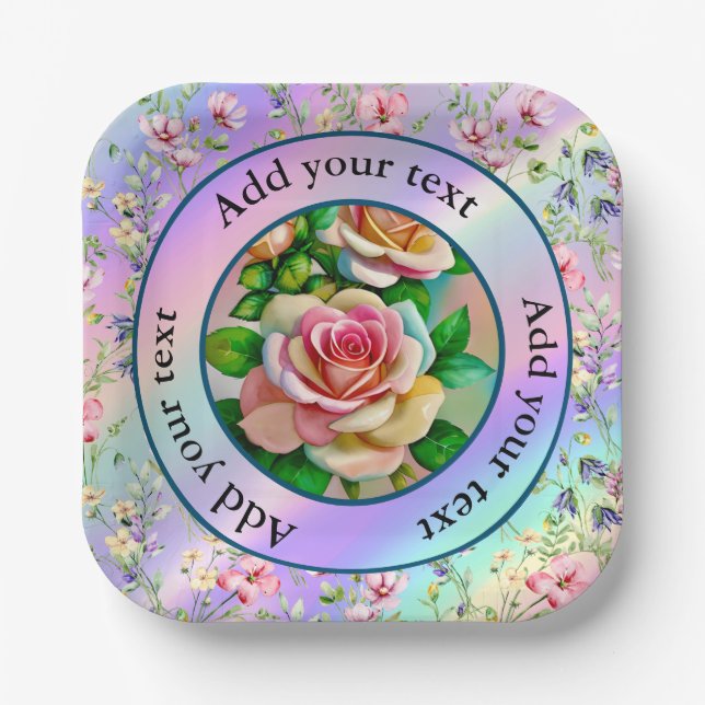 Elegance Roses Pink and Yellow Watercolor Pastel Paper Plates (Front)