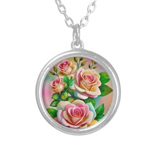 Elegance Roses Pink and Yellow Watercolor Pastel Silver Plated Necklace